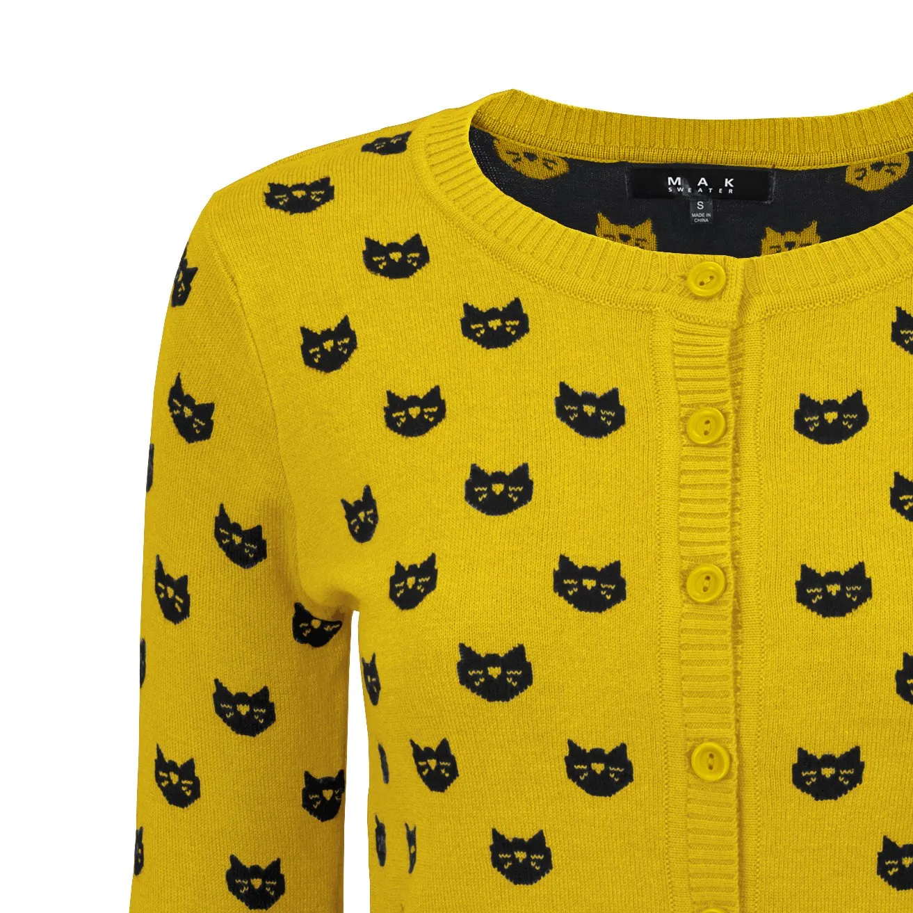 YEMAK Women's Cute Cat Pattern 3/4 Sleeve Button Down Stylish Cardigan Sweater MK3466